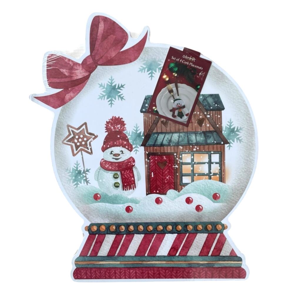 Colordrift Christmas Snowman Snowglobe Cork Backed Placemats 16x13 Set of 4 New